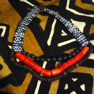 Red, Black and Wood Beaded Necklace